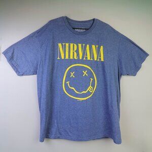 Nirvana Smiley Face Graphic T-Shirt Blue Heather Men's Size 2XL EUC